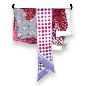 Vintage Set Of 3 Scarves Pink Purple White Polka Dot Paisley Colorful Hair